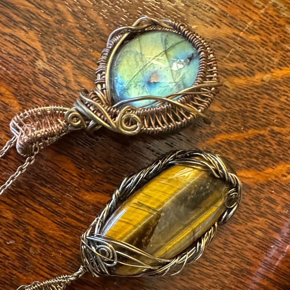 Rose-Gold & Brown Wire-Wrapped 2 Pendant Necklaces